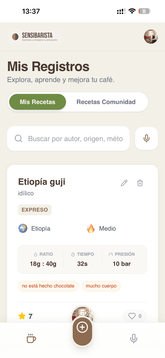 Mis registros de café en SensiBarista