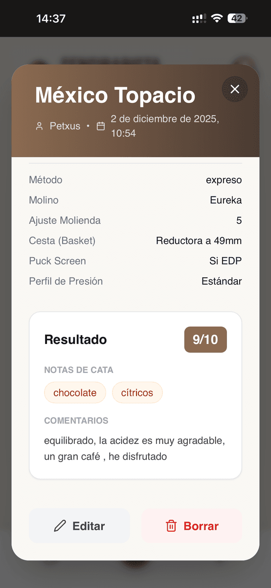 Receta México Topacio puntuada 9/10 en SensiBarista